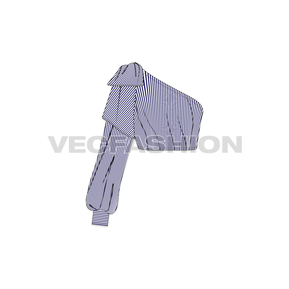 A vector template of Women's Off-shoulder Shirt Crop Top. It has multiples layered sleeves creating an interesting pattern of lines and have shirt cuffs on the sleeve. 