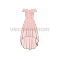 Womens off-shoulder wedding gown flat sketch, front view