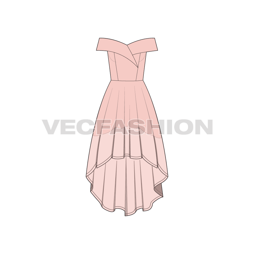 Womens off-shoulder wedding gown flat sketch, front view