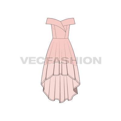 A vector template for Women's Off-shoulder Wedding Gown. It has a very stylized bodice with heavy flares on the skirt. 