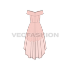 Womens off-shoulder wedding gown flat sketch, back view