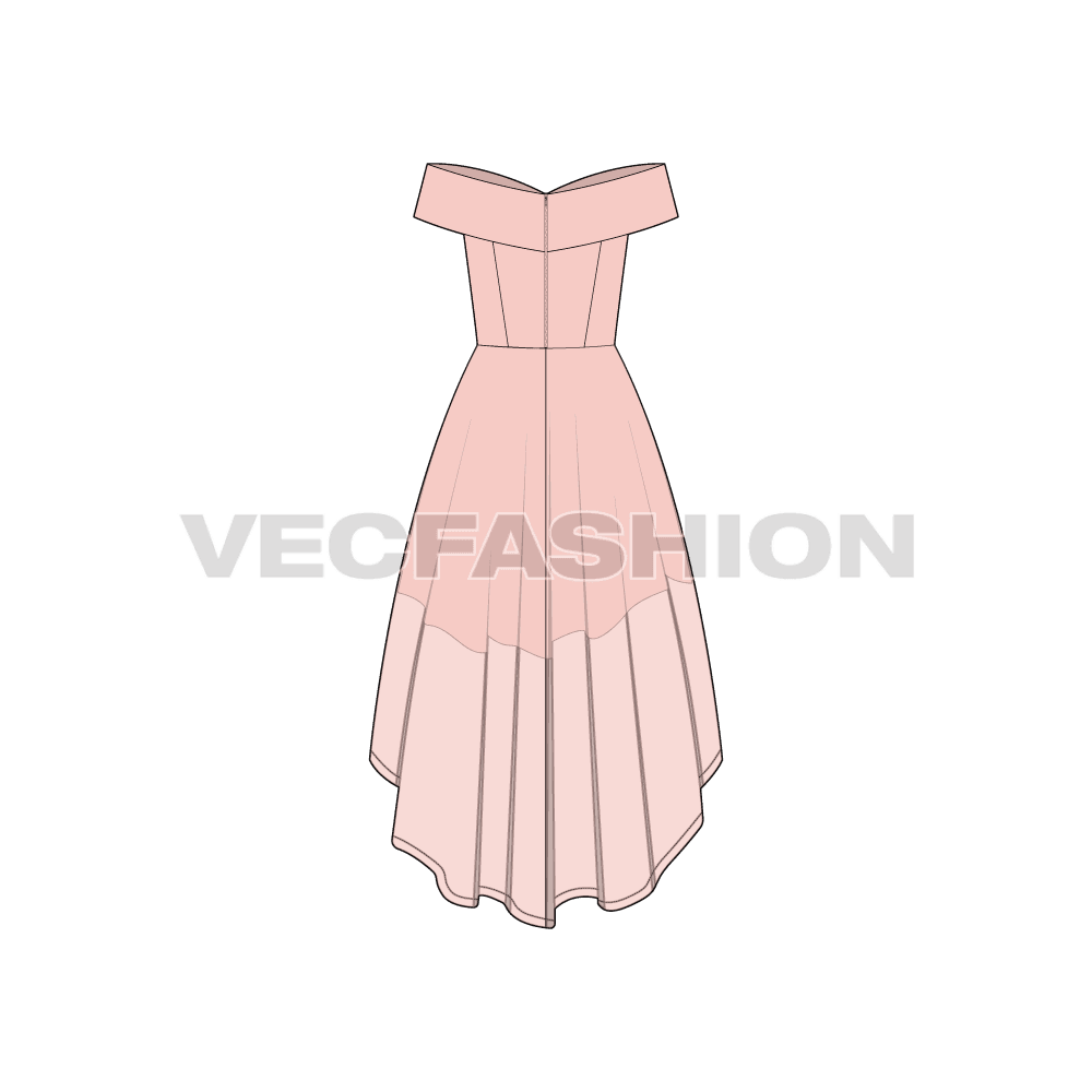 Womens off-shoulder wedding gown flat sketch, back view