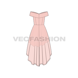 A vector template for Women's Off-shoulder Wedding Gown. It has a very stylized bodice with heavy flares on the skirt. 