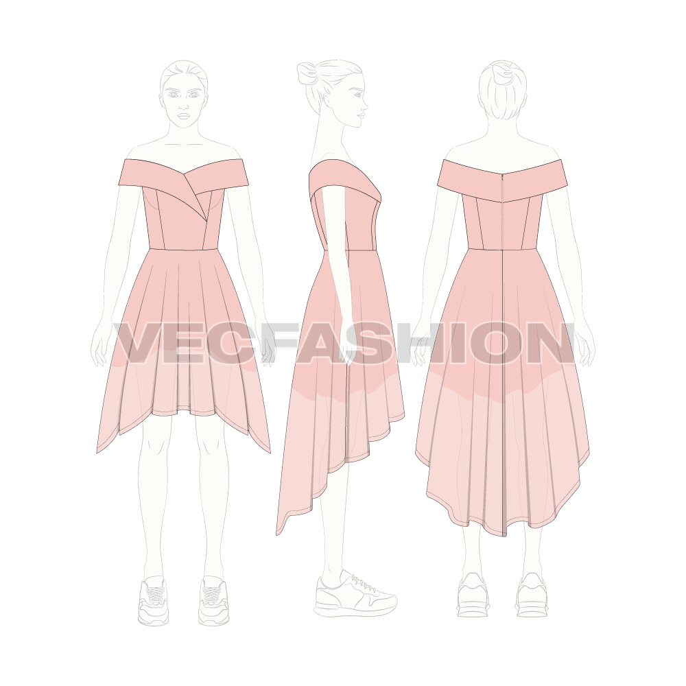Womens off-shoulder wedding gown flat sketch, croqui sketch