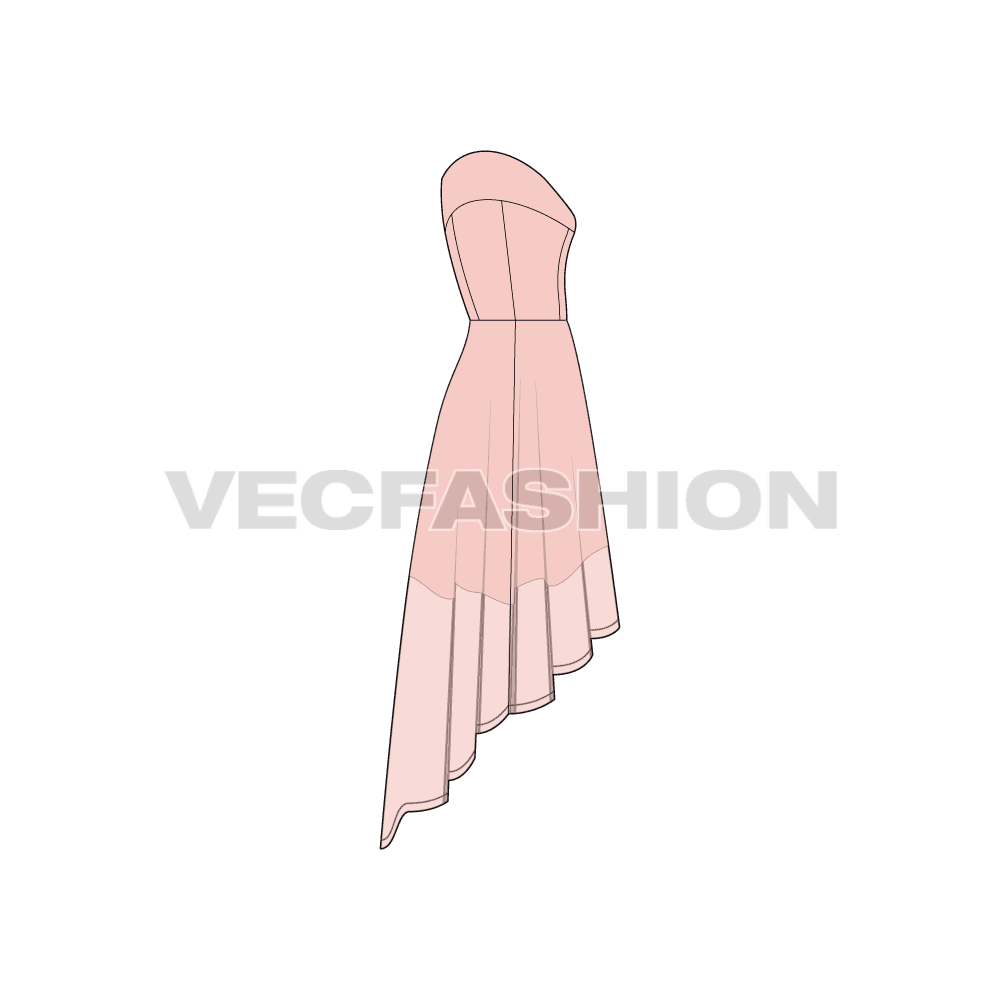 Womens off-shoulder wedding gown flat sketch, side view