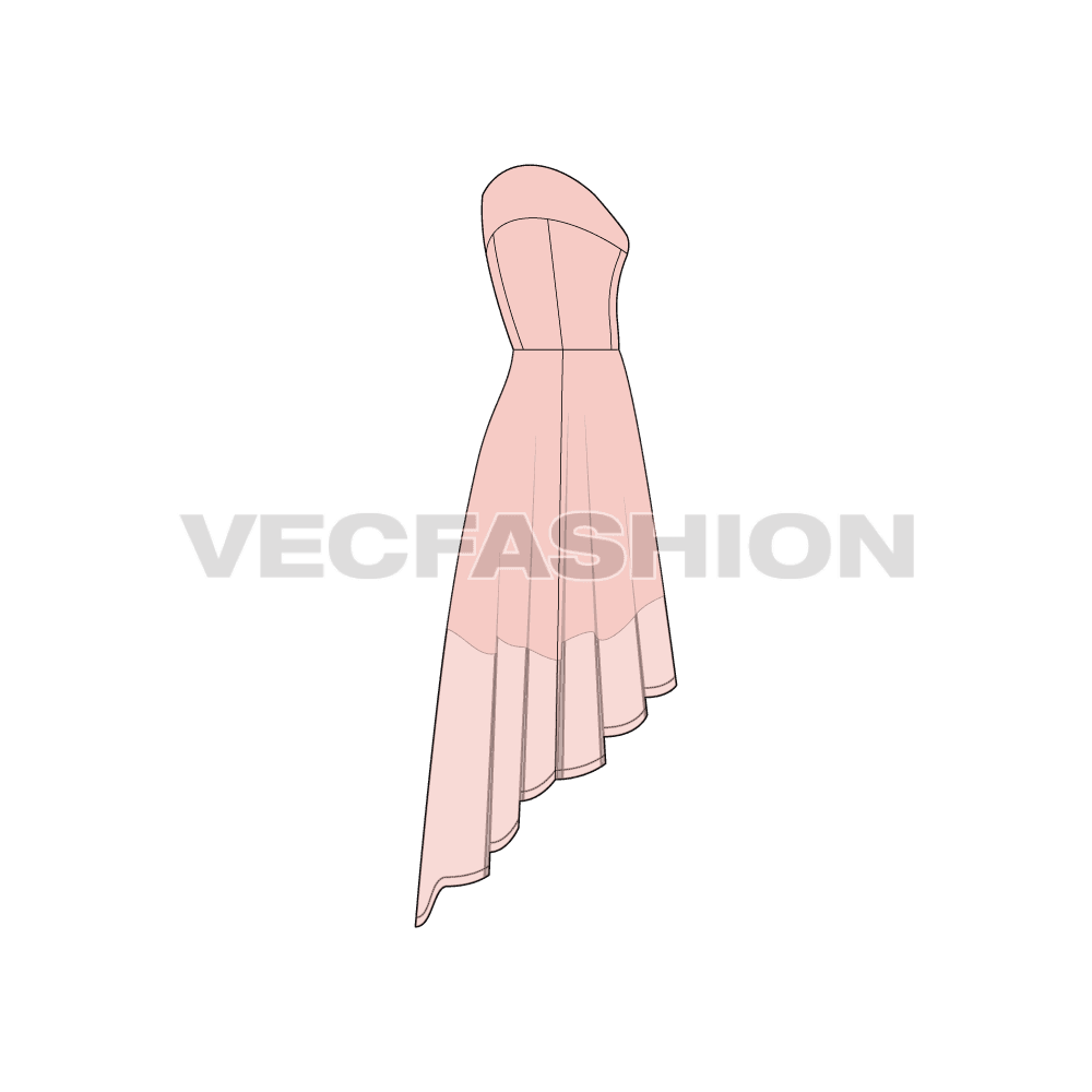A vector template for Women's Off-shoulder Wedding Gown. It has a very stylized bodice with heavy flares on the skirt. 