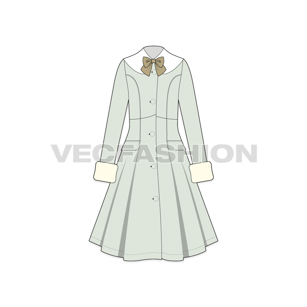 A vector illustrator template of Women's Old Vintage Classic English Coat. It has a thick shawl color in cream color with a very light vintage mint color. There are big cuffs on this dress with crossed laces at the back.  