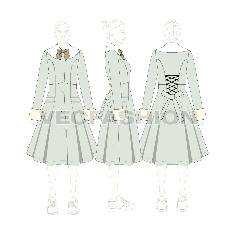 Women's Old Vintage Classic English Coat flat sketch, croqui sketch