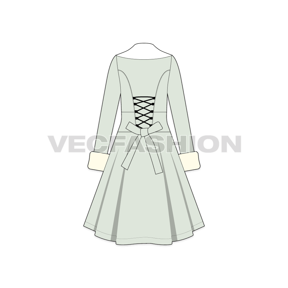 A vector illustrator template of Women's Old Vintage Classic English Coat. It has a thick shawl color in cream color with a very light vintage mint color. There are big cuffs on this dress with crossed laces at the back.  