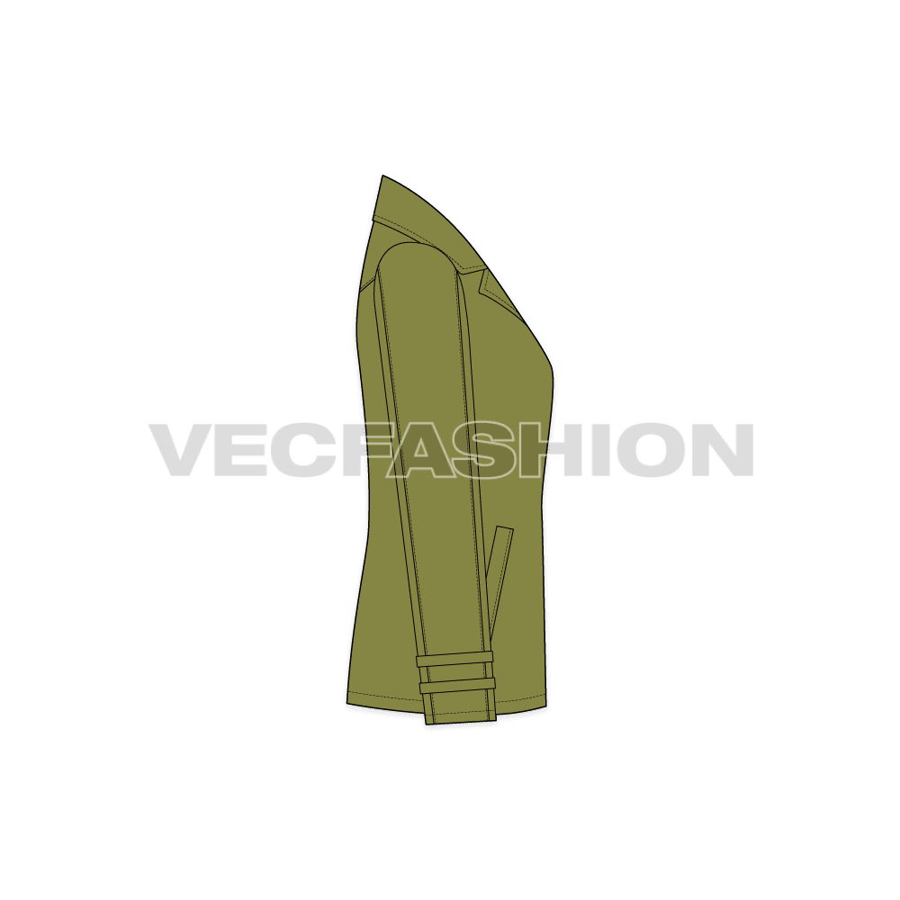Women's Olive Green Pea Coat flat sketch, side view