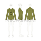 Women's Olive Green Pea Coat flat sketch, croqui sketch