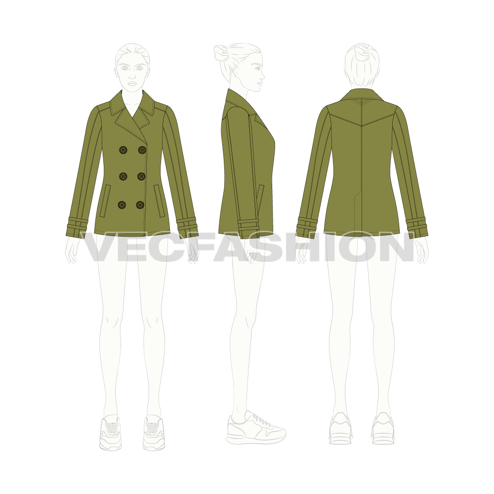 Women's Olive Green Pea Coat flat sketch, croqui sketch