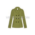 Women's Olive Green Pea Coat flat sketch, front view