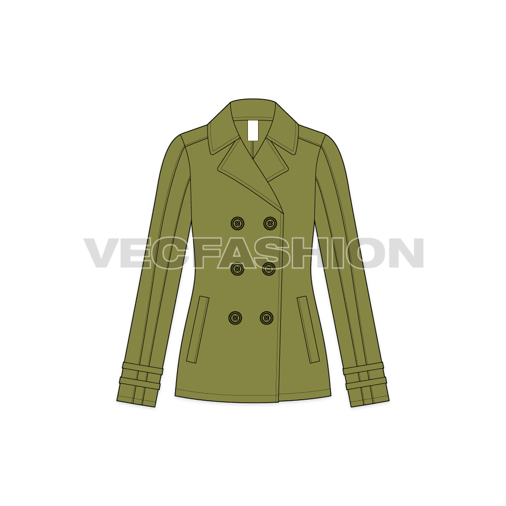Women's Olive Green Pea Coat flat sketch, front view
