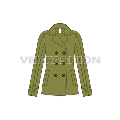 A vector template of Women's Olive Green Pea Coat. This coat has a big Notch Collar in woolen fabric to prevent the neck from cold winds. It also have a Scottish Plaid Repeat Pattern as inside lining fabric.