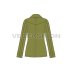Women's Olive Green Pea Coat flat sketch, back view