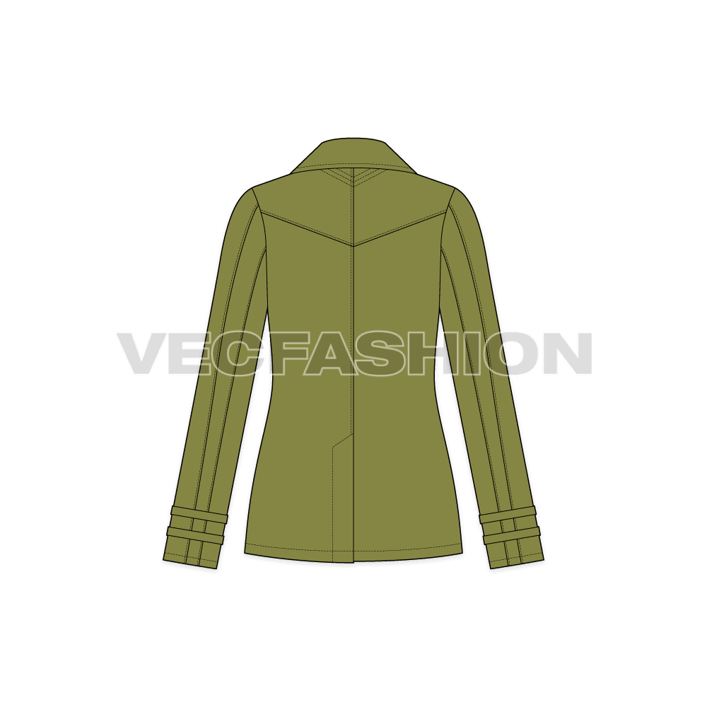 Women's Olive Green Pea Coat flat sketch, back view