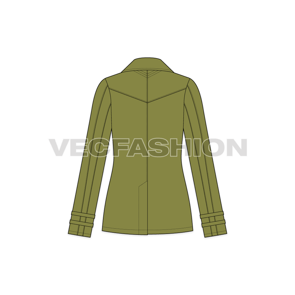 A vector template of Women's Olive Green Pea Coat. This coat has a big Notch Collar in woolen fabric to prevent the neck from cold winds. It also have a Scottish Plaid Repeat Pattern as inside lining fabric.