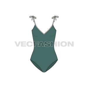 A vector template for Women's One-piece Beachwear Swimsuit in deep green color. It has tassels on shoulder points with a low neckline.