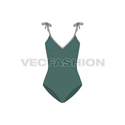 A vector template for Women's One-piece Beachwear Swimsuit in deep green color. It has tassels on shoulder points with a low neckline.