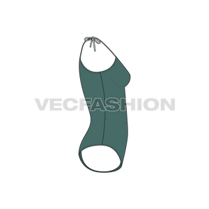 A vector template for Women's One-piece Beachwear Swimsuit in deep green color. It has tassels on shoulder points with a low neckline.