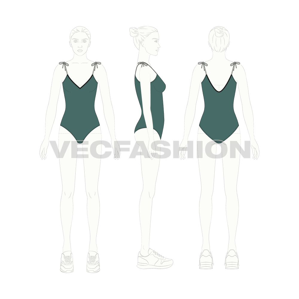 Womens one-piece beachwear swimsuit flat sketch, croqui sketch
