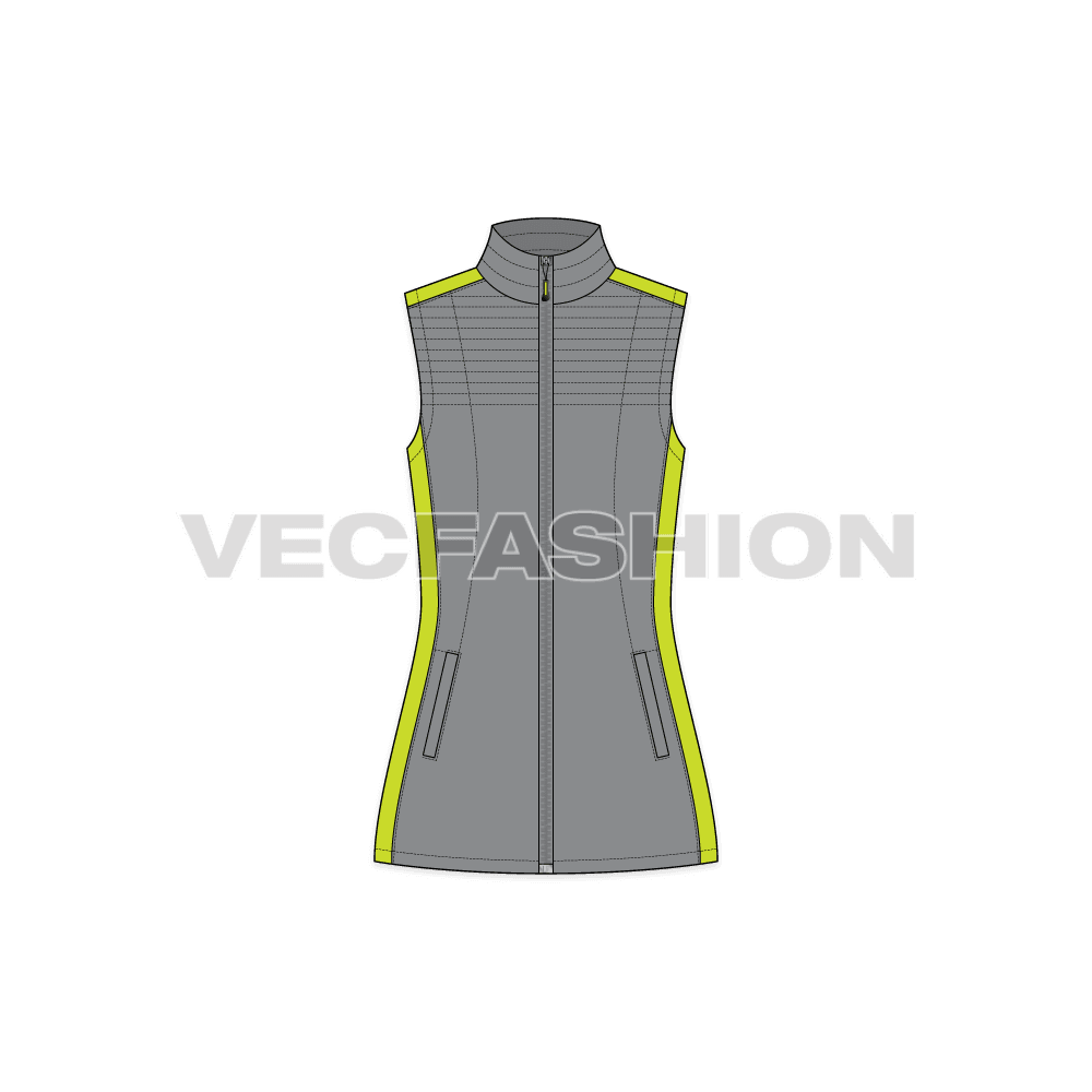 A detailed and clean vector template for Women's Outdoor Puffer Vest in Gray and Neon Green Sport look. This template is a must-have requirement for every Climbing/Sport Clothing Collection.