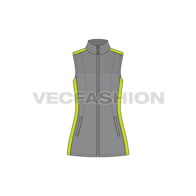 A detailed and clean vector template for Women's Outdoor Puffer Vest in Gray and Neon Green Sport look. This template is a must-have requirement for every Climbing/Sport Clothing Collection.