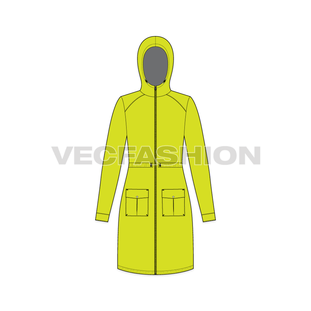A vector template for Women's Outerwear Jacket Template. It has details like Patch pockets, trims, drawstrings and stoppers, hood with a zipper on front. The waist can be adjusted by pulling or releasing the drawstring, similarly the hem. 