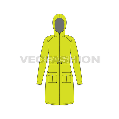 A vector template for Women's Outerwear Jacket Template. It has details like Patch pockets, trims, drawstrings and stoppers, hood with a zipper on front. The waist can be adjusted by pulling or releasing the drawstring, similarly the hem. 