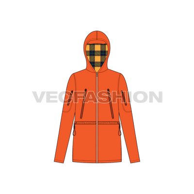 A vector apparel template for Women's Outerwear Jacket. It is rendered in 5 colors and have all details like, pockets, panels, showing inside lining view etc.