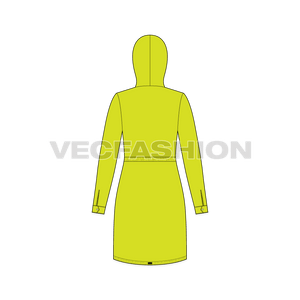A vector template for Women's Outerwear Jacket Template. It has details like Patch pockets, trims, drawstrings and stoppers, hood with a zipper on front. The waist can be adjusted by pulling or releasing the drawstring, similarly the hem. 