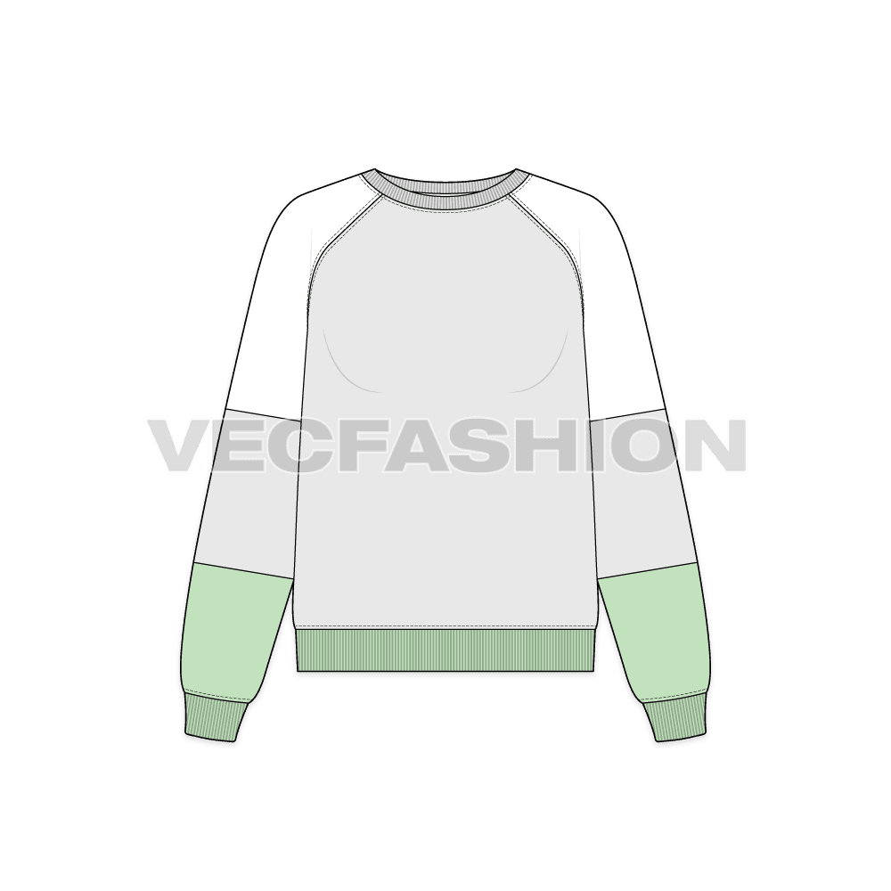 A new vector illustrator template of Women's Over-sized Sweatshirt. It has a color blocked design with mint green on the bottom sleeve panel. It has wide neckline with drop-shoulder on raglan sleeves.