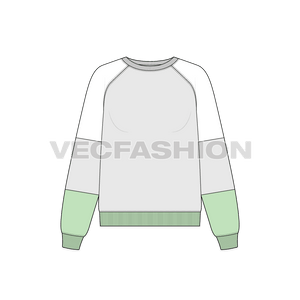 A new vector illustrator template of Women's Over-sized Sweatshirt. It has a color blocked design with mint green on the bottom sleeve panel. It has wide neckline with drop-shoulder on raglan sleeves.