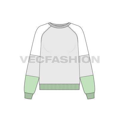 A new vector illustrator template of Women's Over-sized Sweatshirt. It has a color blocked design with mint green on the bottom sleeve panel. It has wide neckline with drop-shoulder on raglan sleeves.