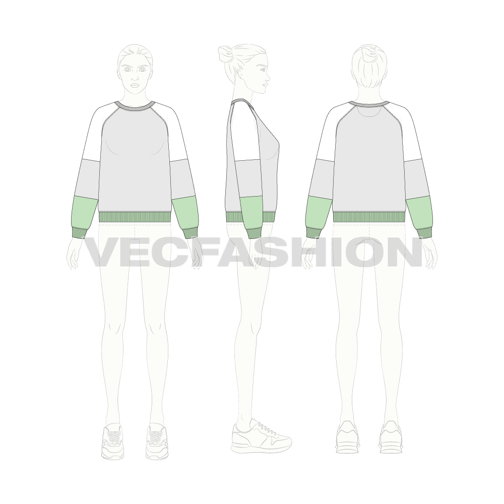 Womens over-sized sweatshirt, mint green flat sketch, croqui sketch