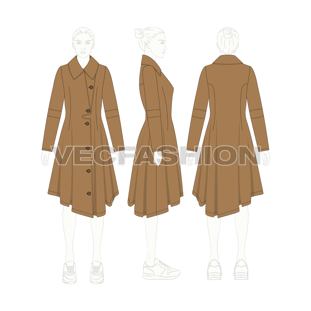 Womens' Over-sized Wool Coat flat sketch, croqui sketch