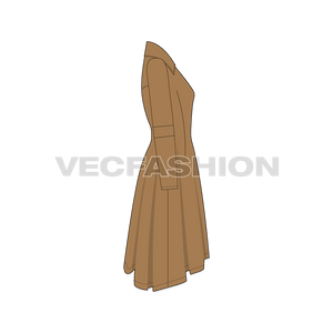 A vector illustrator template of Womens' Over-sized Wool Coat. It has an overlapping right side on to left with big wooden buttons. There is an oversized collar with panels on elbow.  