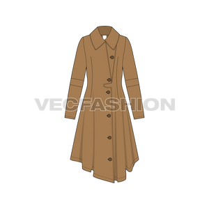 A vector illustrator template of Womens' Over-sized Wool Coat. It has an overlapping right side on to left with big wooden buttons. There is an oversized collar with panels on elbow.  
