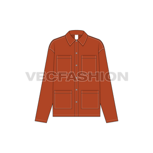 A vector illustrator template of Women's Chore Jacket vector fashion template. It is colored in rust orange color and have 4 big pockets on front as a main element of this jacket. 