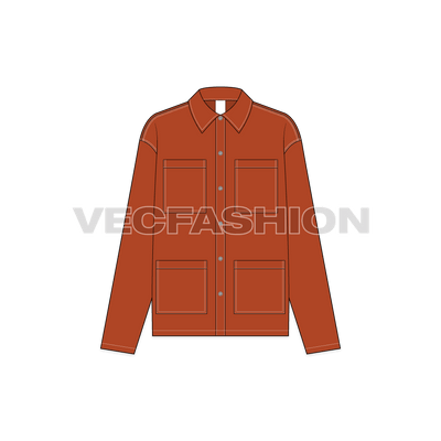 A vector illustrator template of Women's Chore Jacket vector fashion template. It is colored in rust orange color and have 4 big pockets on front as a main element of this jacket. 