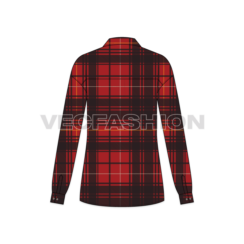Womens oversized plaid winter shirt flat sketch, back view