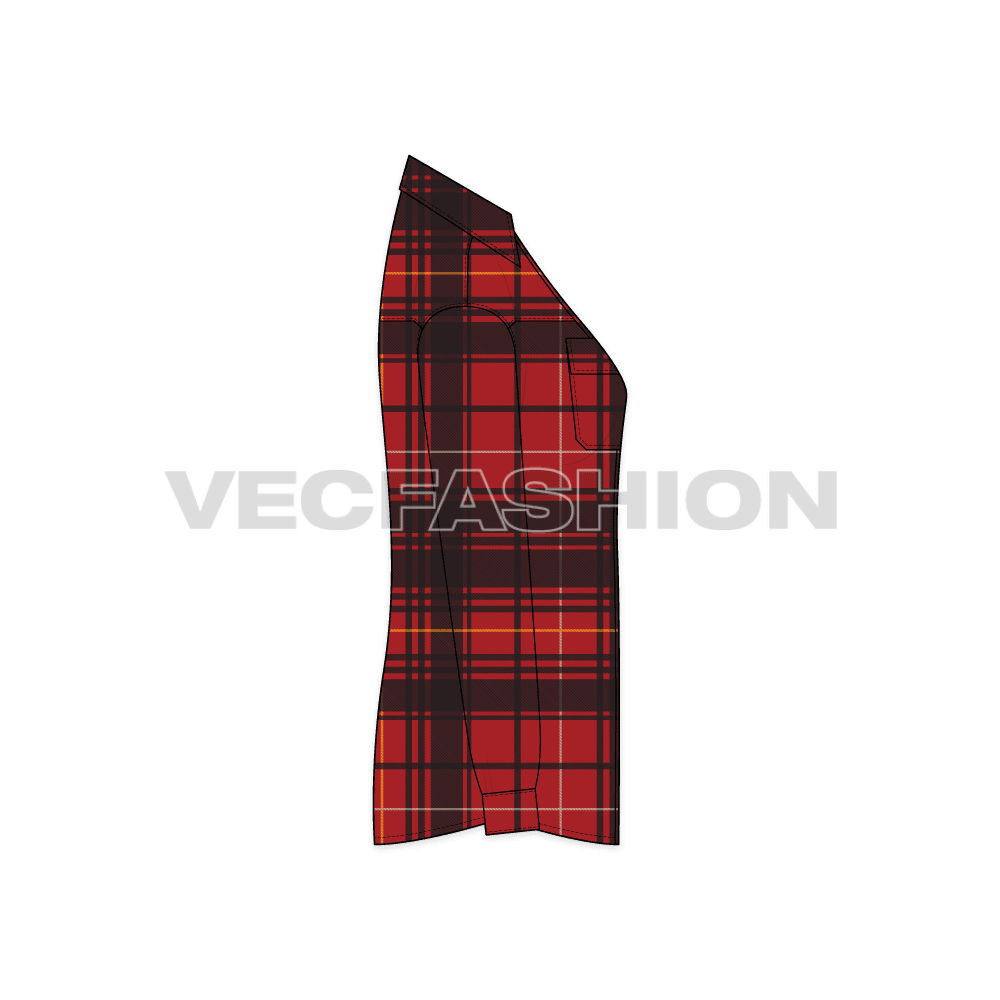 Womens oversized plaid winter shirt flat sketch, side view