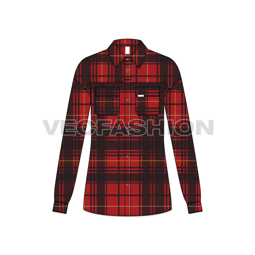 Womens oversized plaid winter shirt flat sketch, front view
