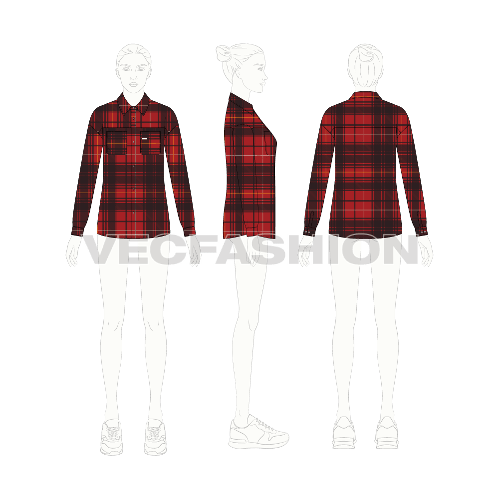 Womens oversized plaid winter shirt flat sketch, croqui sketch