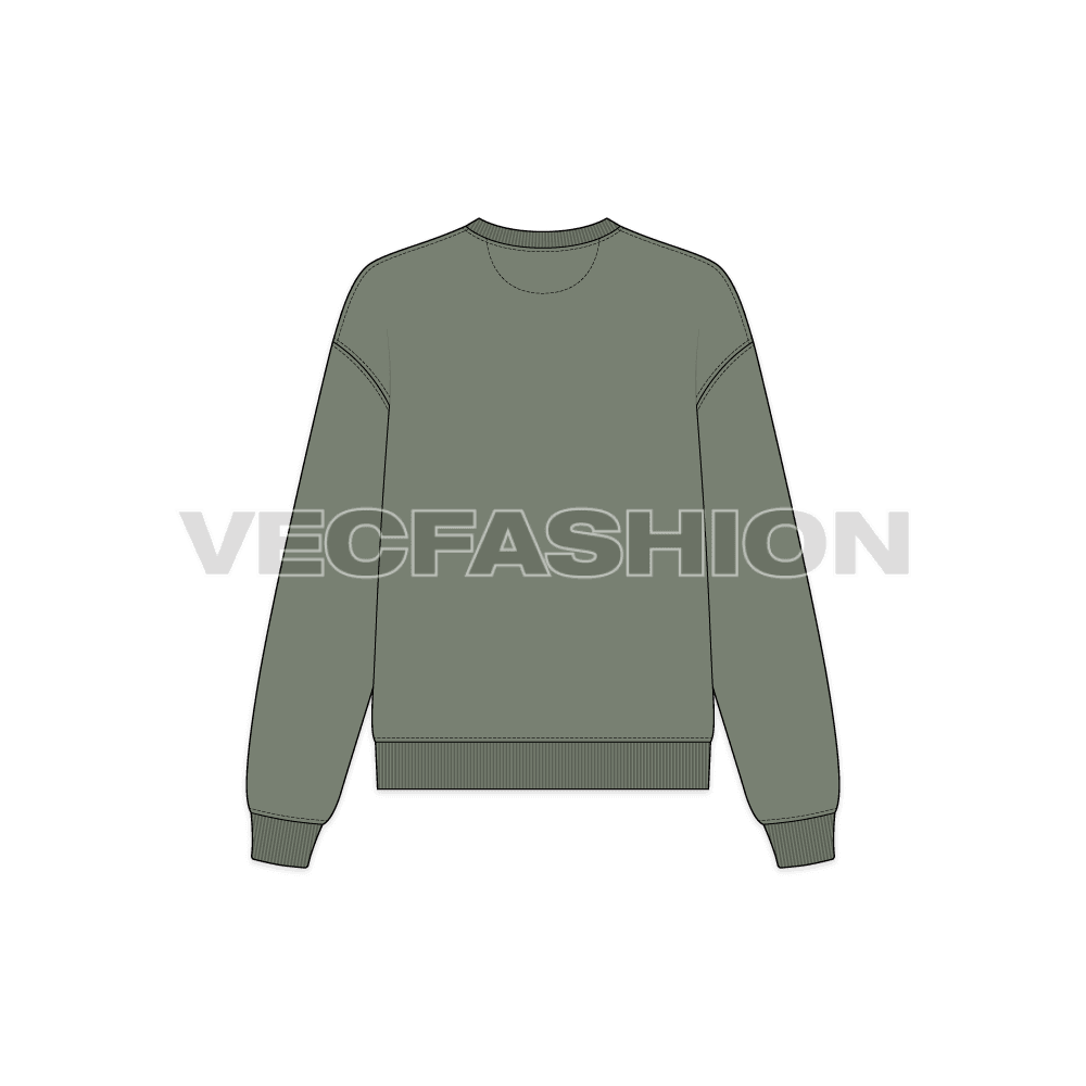 A vector illustrator sketch template of Women's Oversized Sweatshirt. It has rib on cuffs and neck with a ribbed V insert on the center front neckline.