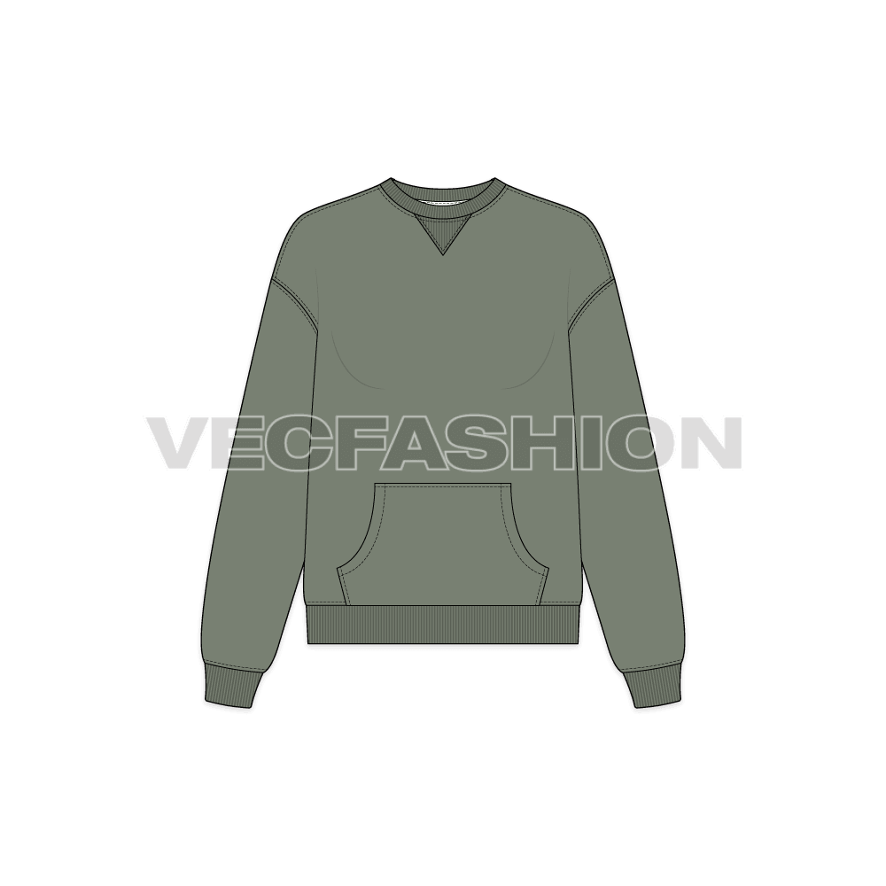 A vector illustrator sketch template of Women's Oversized Sweatshirt. It has rib on cuffs and neck with a ribbed V insert on the center front neckline.