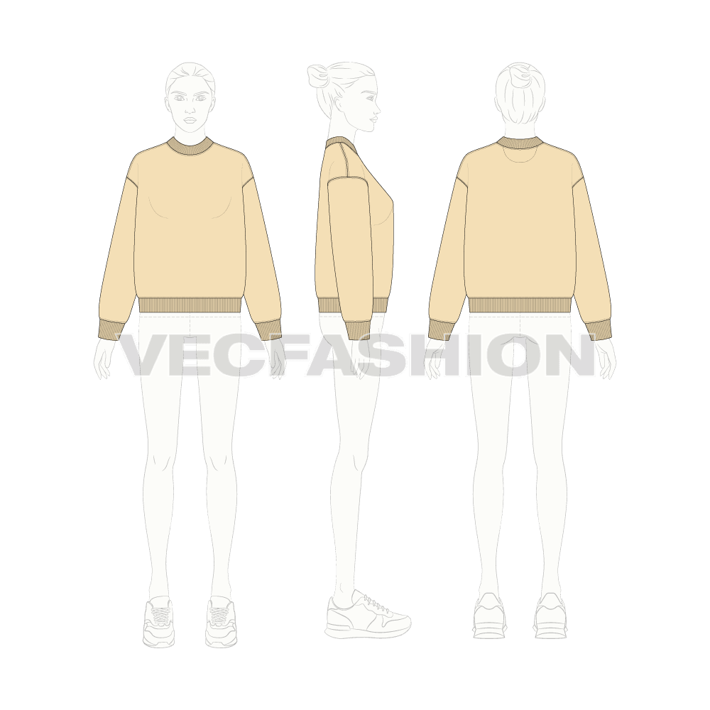 Womens oversized sweatshirt, thick rib flat sketch, croqui sketch