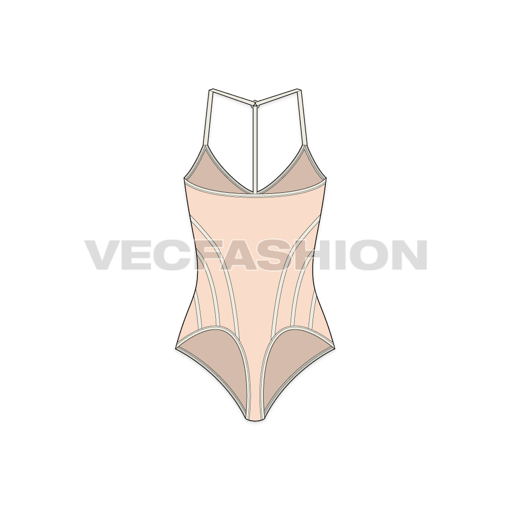 Womens panelled beach swimsuit flat sketch, back view