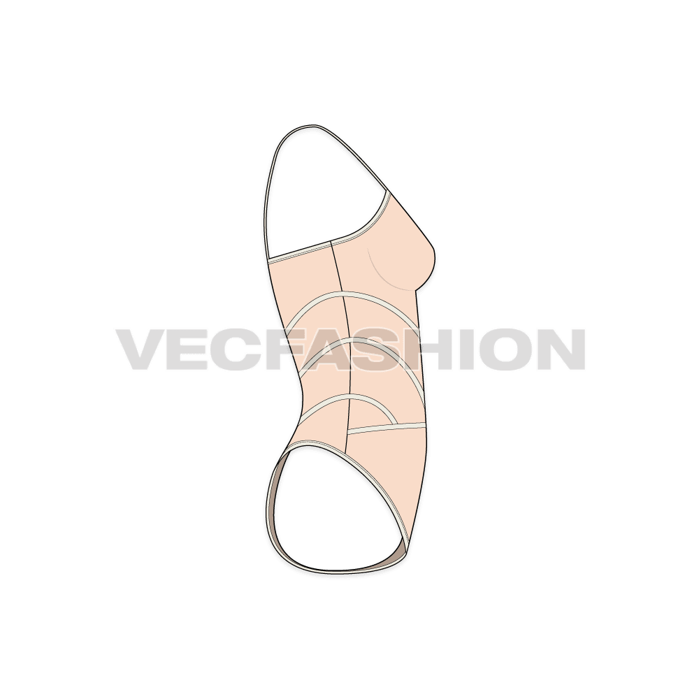 Womens panelled beach swimsuit flat sketch, side view